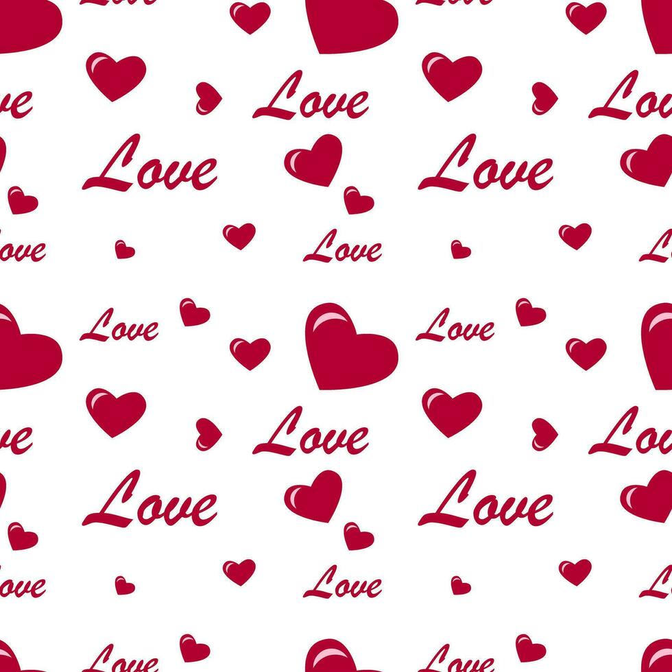 Seamless texture with red hearts and inscriptions on a white background vector