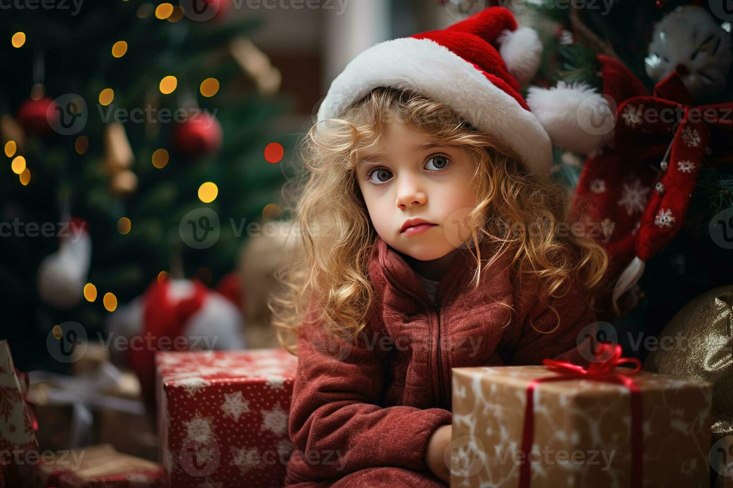 Serious sad little girl is sitting in front of a Christmas tree Generative AI photo