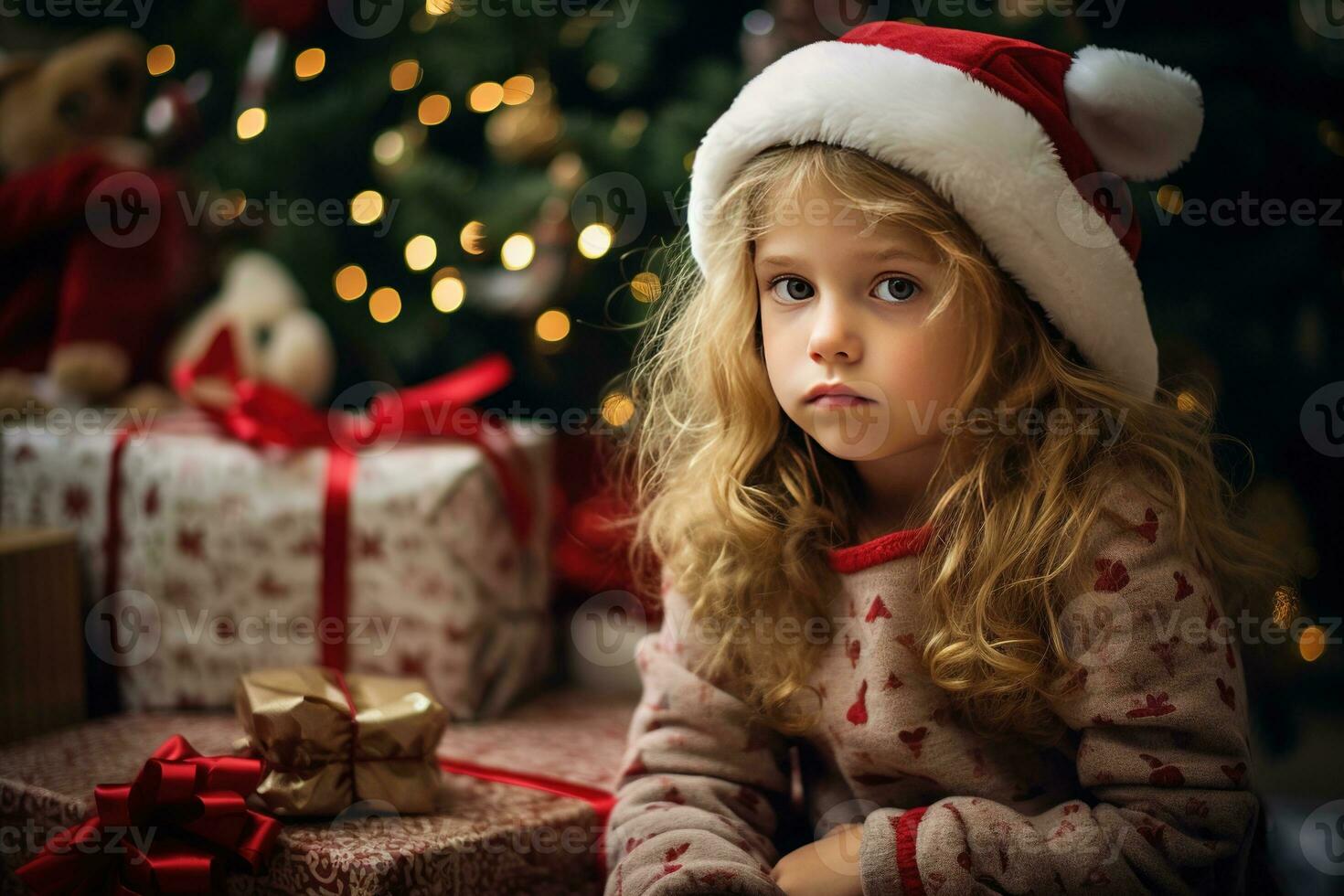 Serious sad little girl is sitting in front of a Christmas tree Generative AI photo