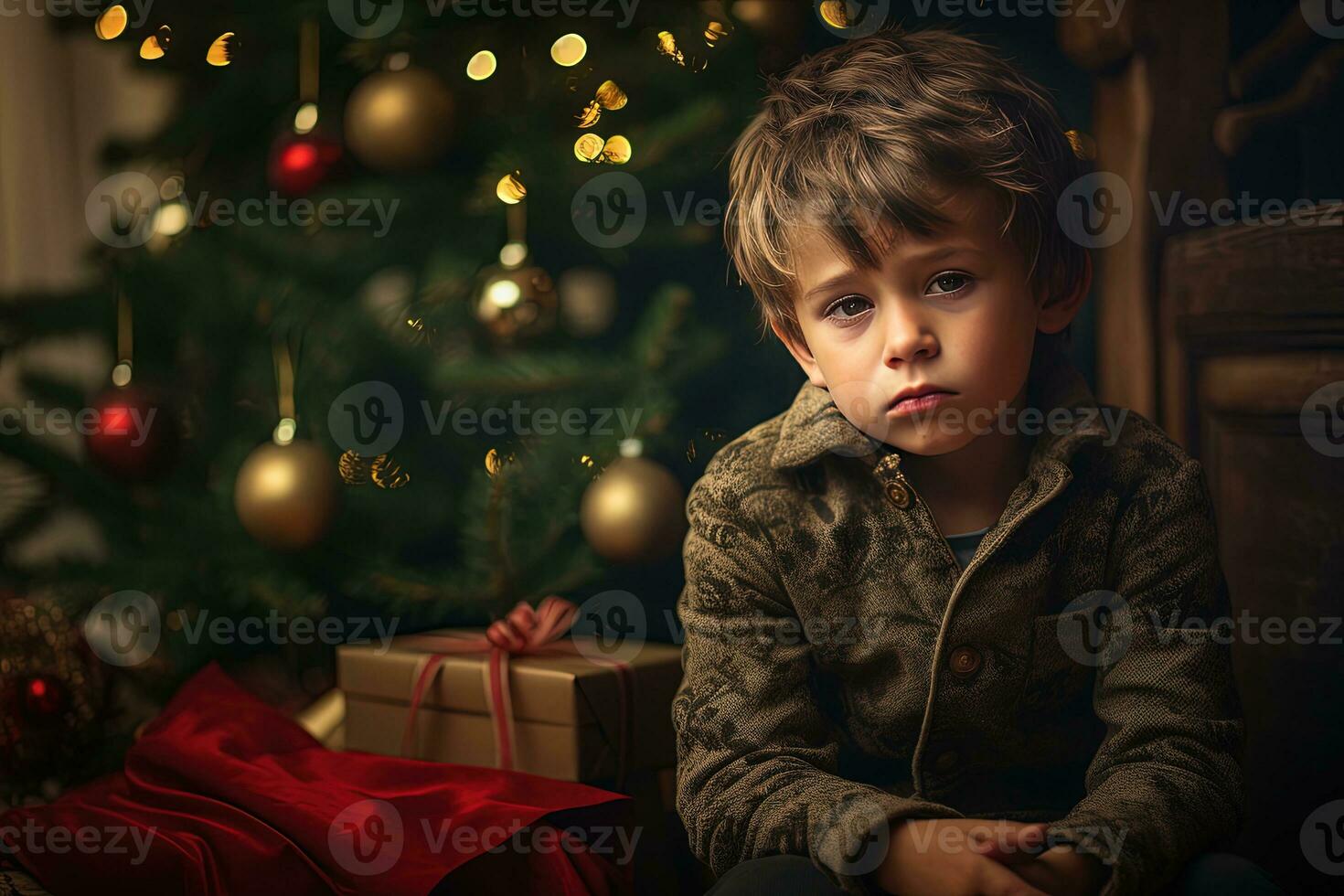 Serious sad little boy is sitting in front of a Christmas tree Generative AI photo