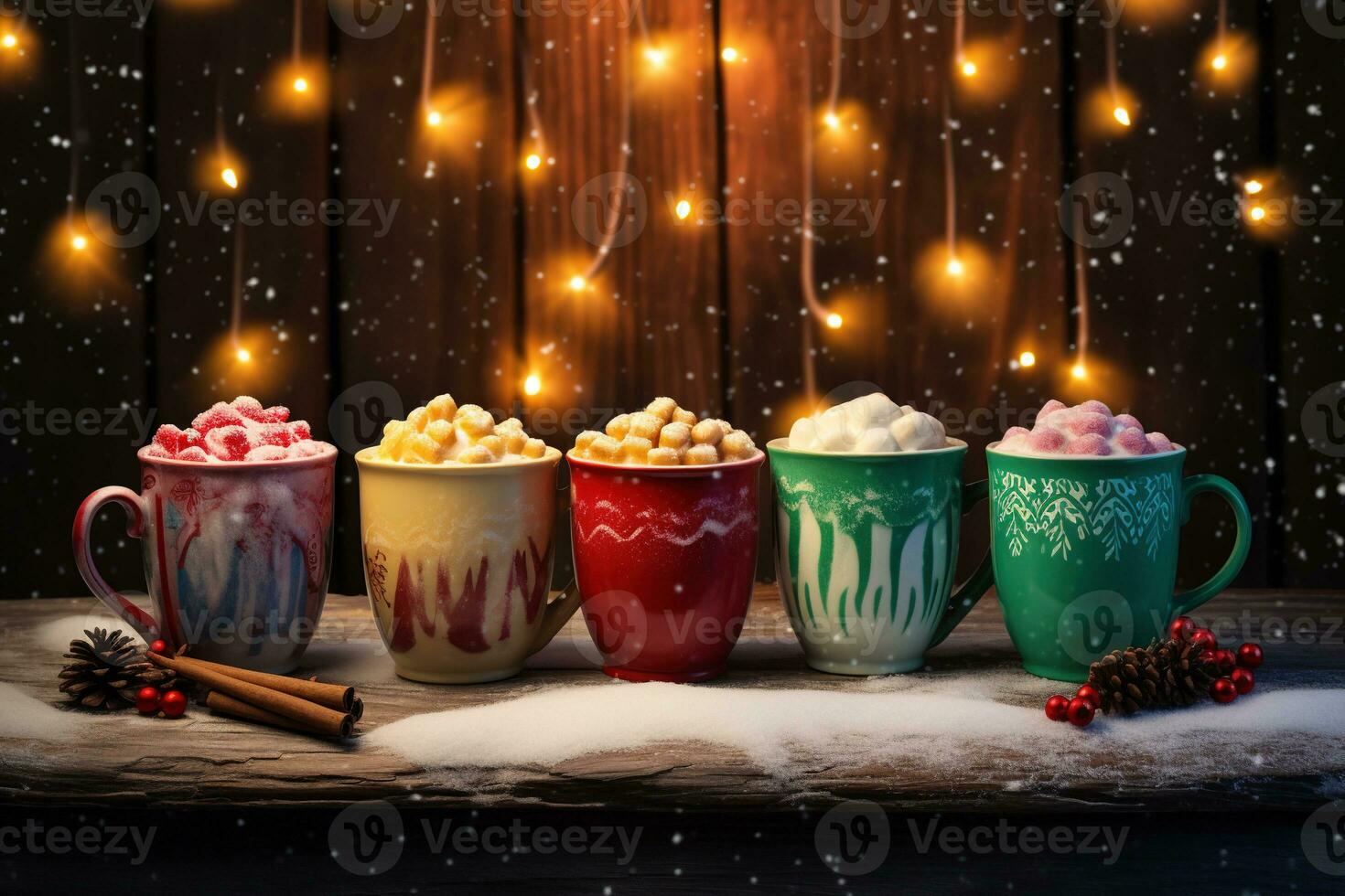 Hot drink with marshmallows and candy cane in colorful mugs. Fir cones, spices in the background. Christmas hot drinks collection. Merry Christmas. Generative AI photo