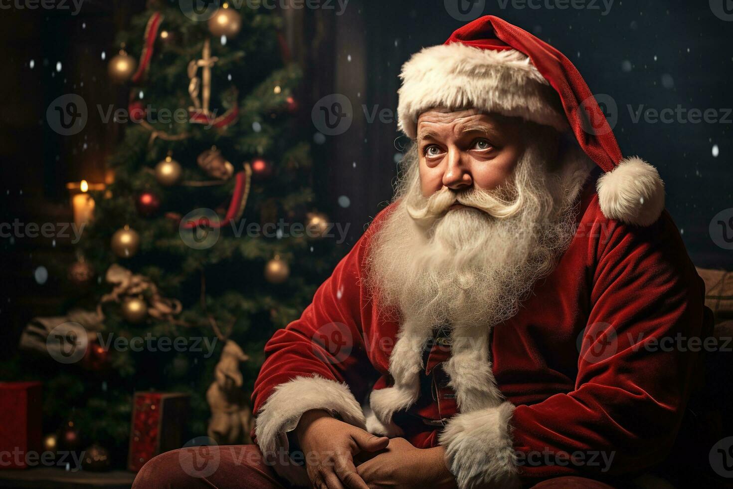 Sad Santa Claus sitting on the background of a Christmas tree Generative AI photo