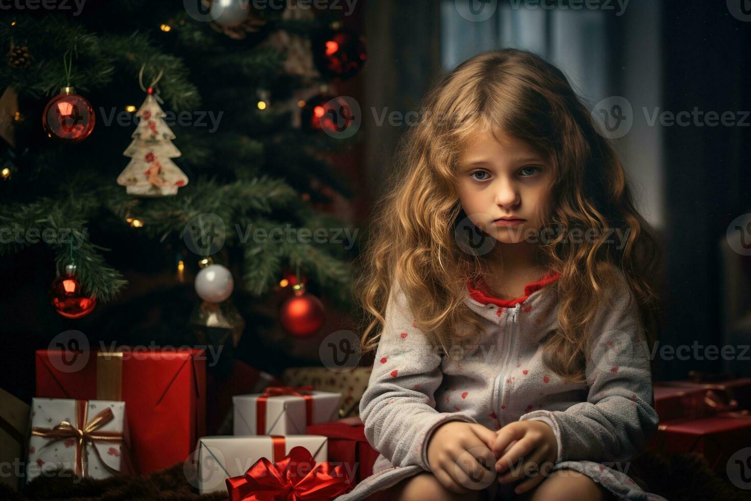 Serious sad little girl is sitting in front of a Christmas tree Generative AI photo