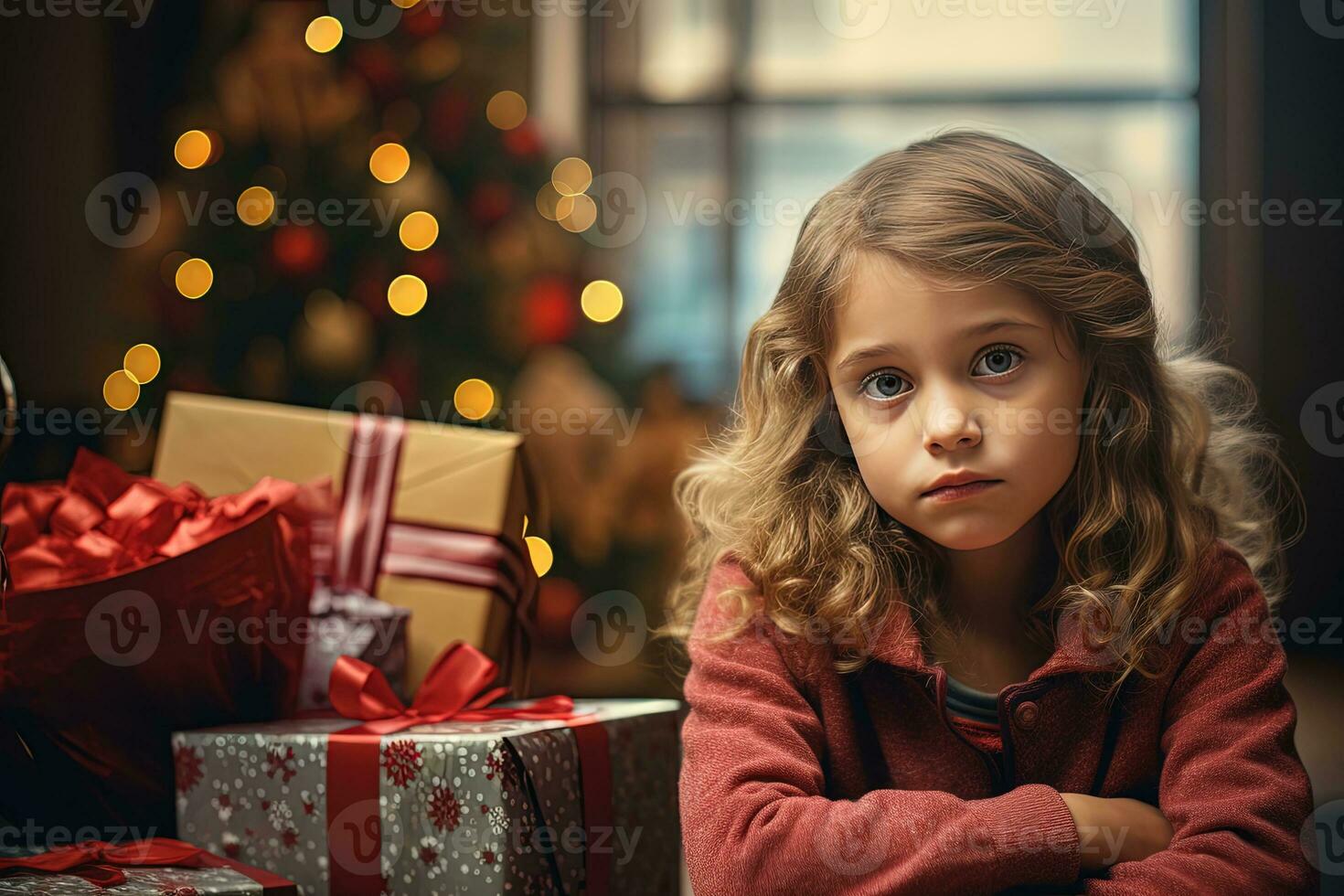 Serious sad little girl is sitting in front of a Christmas tree Generative AI photo