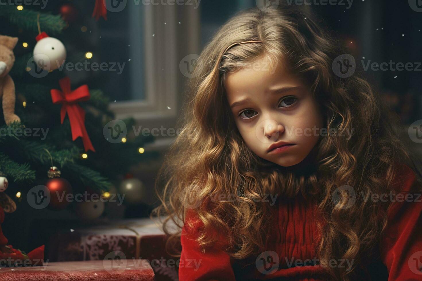 Serious sad little girl is sitting in front of a Christmas tree Generative AI photo