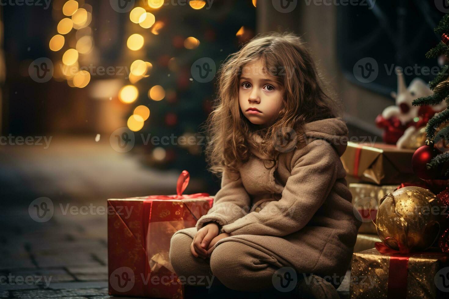Serious sad little girl is sitting in front of a Christmas tree Generative AI photo