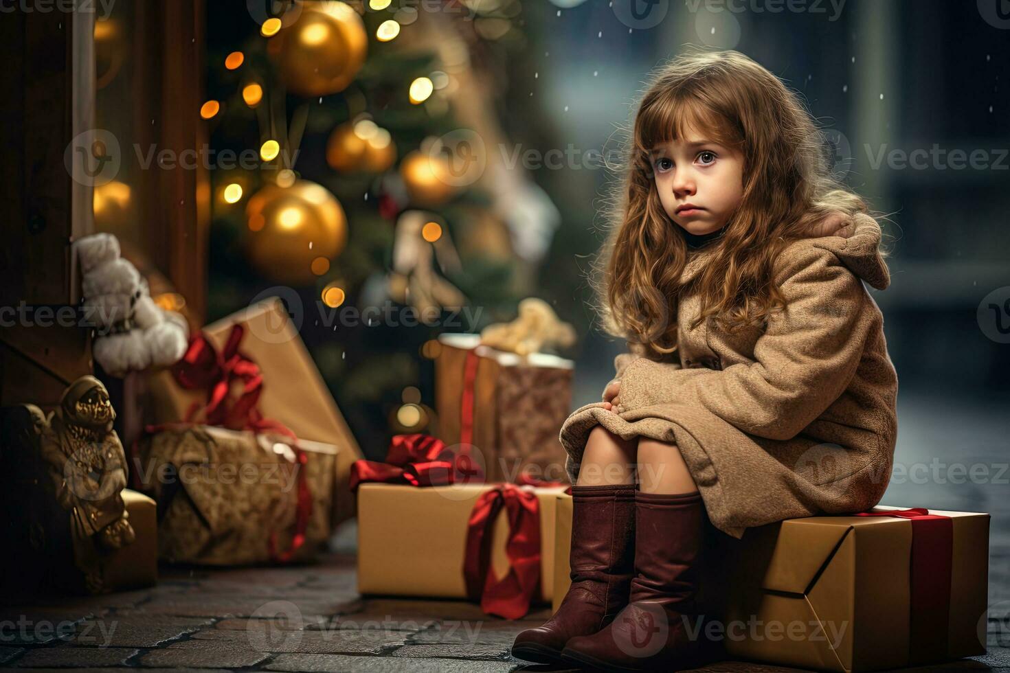 Serious sad little girl is sitting in front of a Christmas tree Generative AI photo