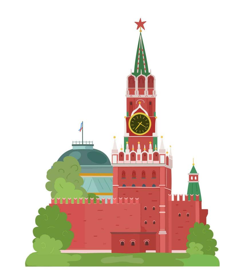 Moscow is the capital of Russia, Red Square. Spasskaya Tower of the Kremlin. Vector illustration on a white background.