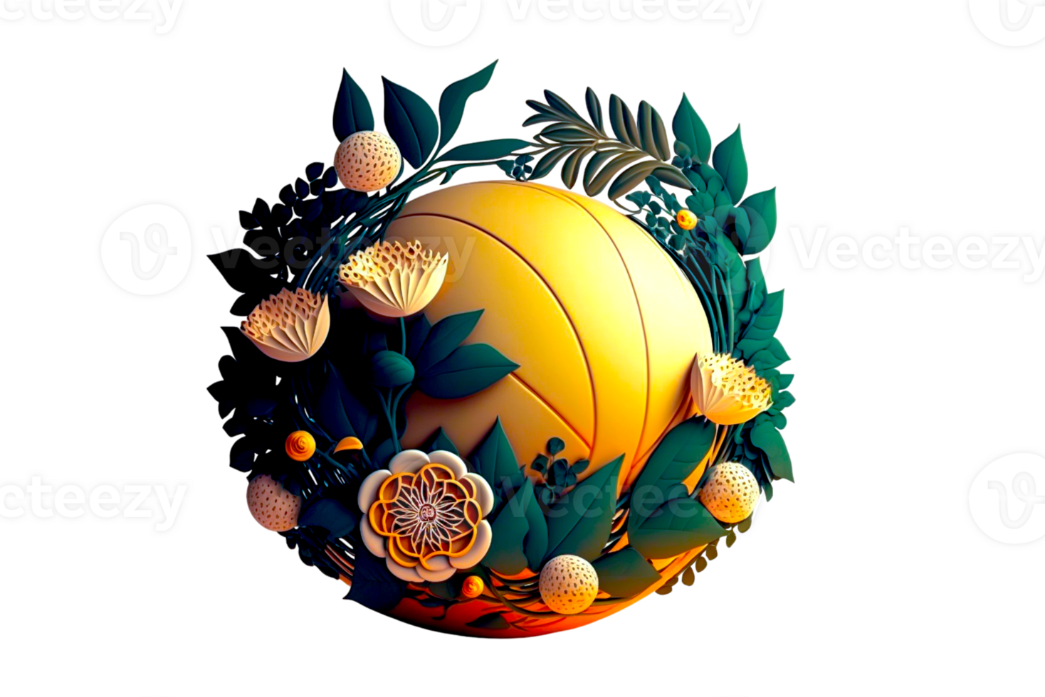 3d illustration ball with big leaves ai generated png