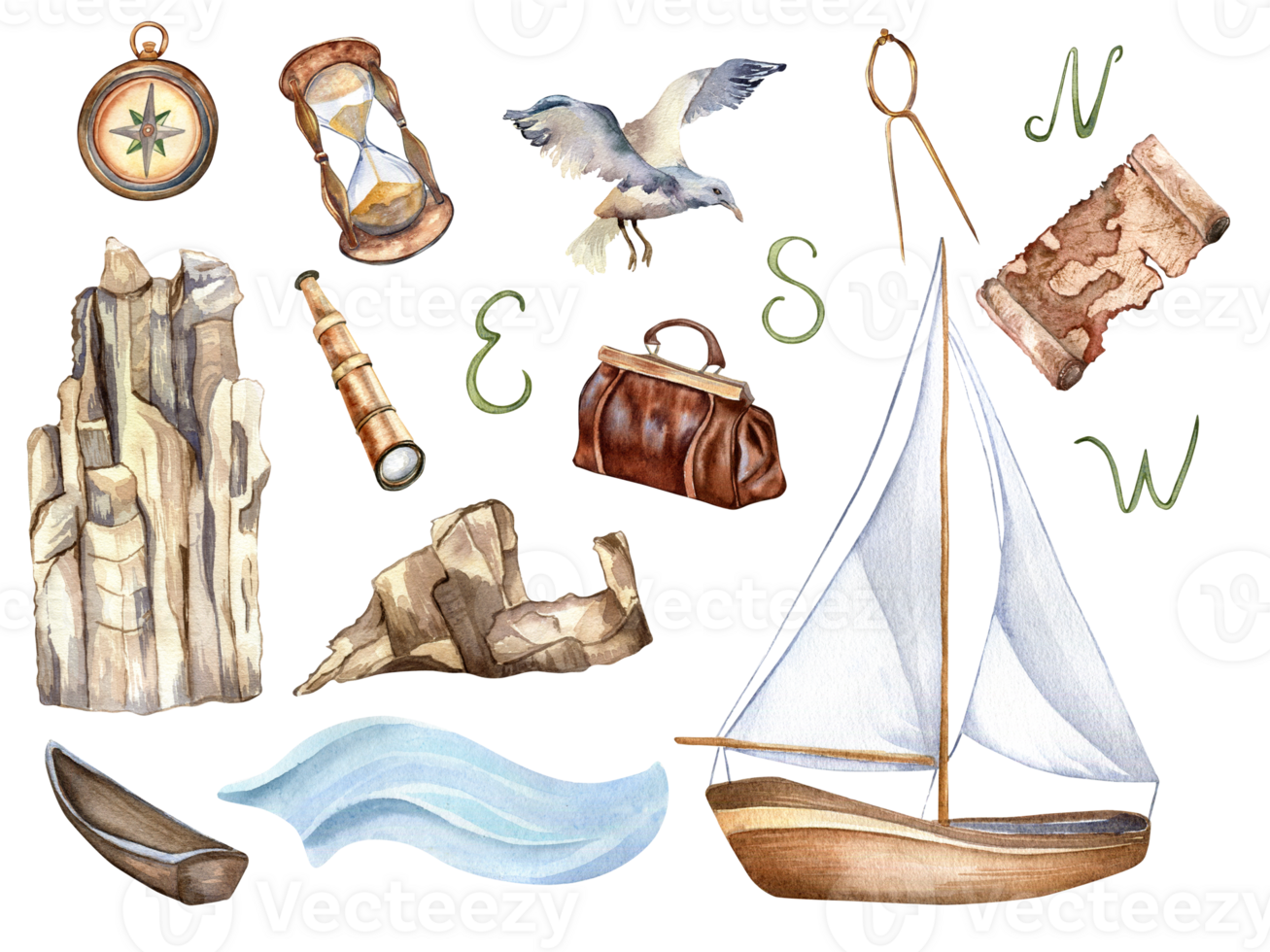 Set of sailing ship, adventure items vintage style watercolor illustration isolated on white. Hourglass, map, vessel, bag, compass hand drawn. Design for boy's print, adventure collection, postcard. png