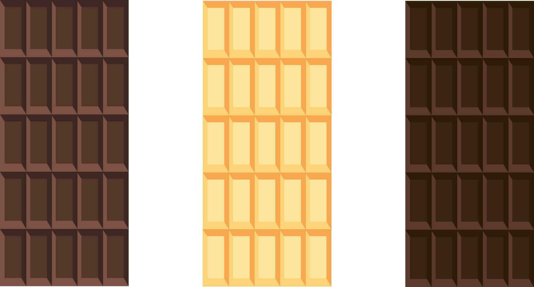 Dark, milk and white chocolate bar set. Unwrapped square pieces of different chocolate. Cocoa organic product vector illustration
