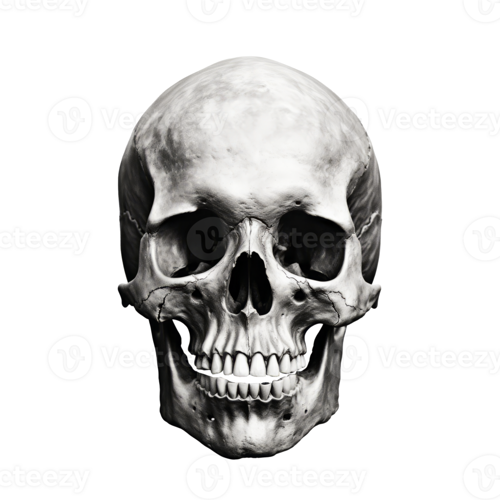 Black and white human skull head on transparent background png