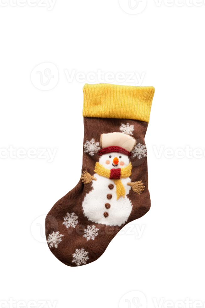 Christmas stocking with snowman picture on it, isolated on transparent background png