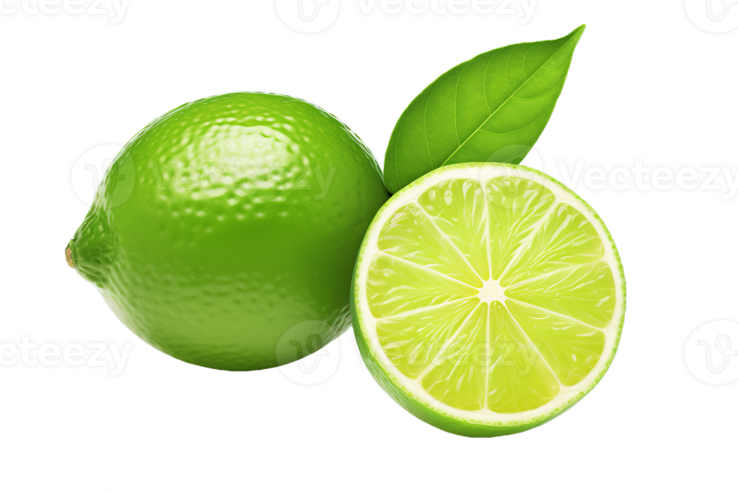 Limes with slice and leaves isolated on transparent background png