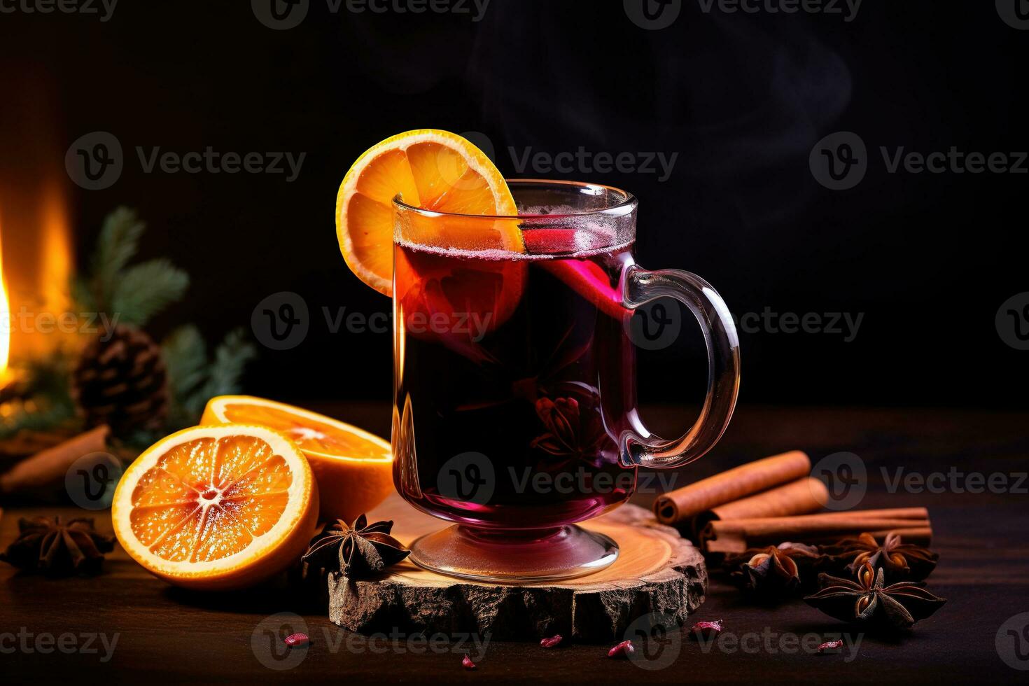 Christmas mulled red wine with spices and fruits. Traditional hot drink at Christmas time. Festive mood Generative AI photo