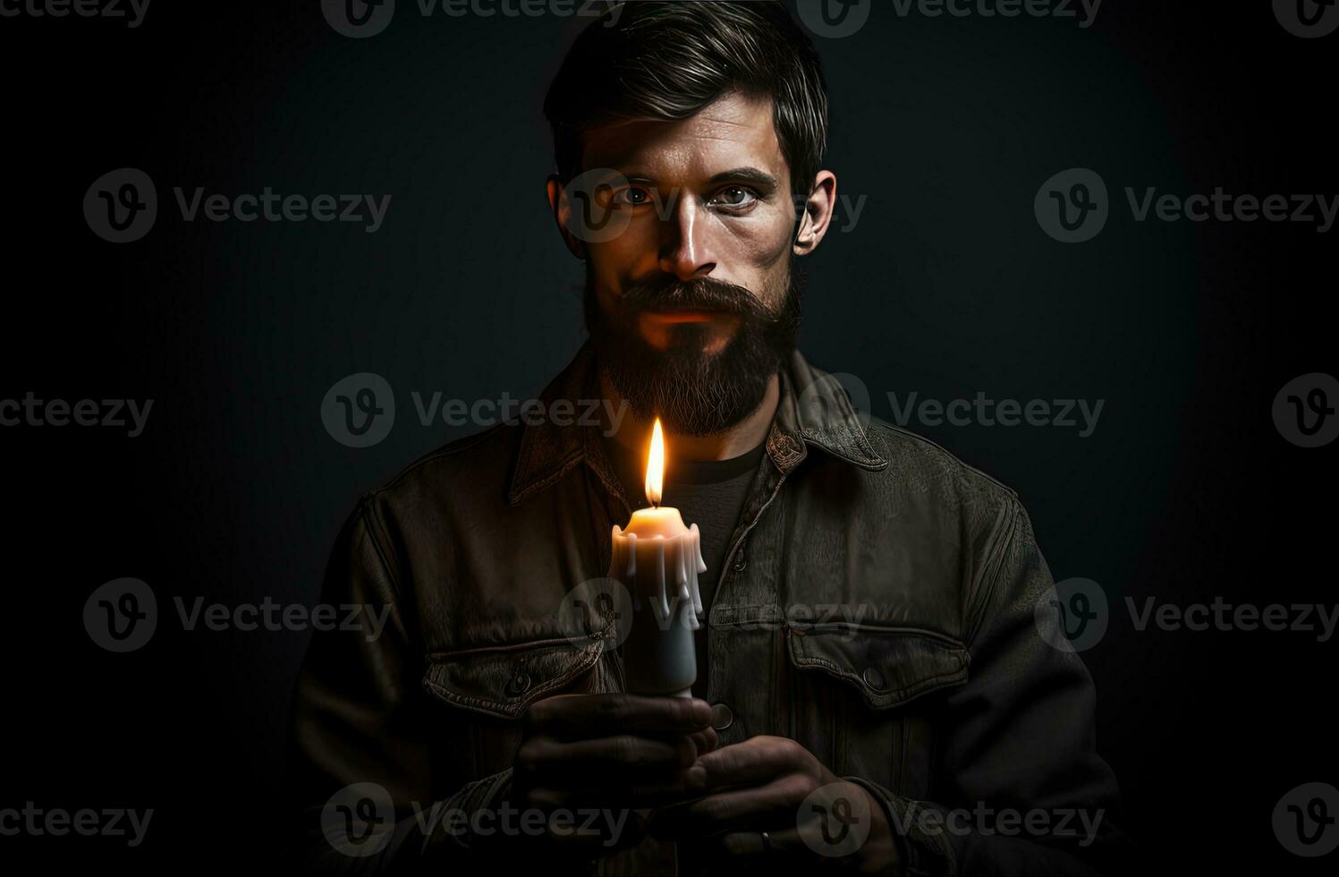 Man looking at the camera with a candle in the dark. Blackout concept. AI Generative photo