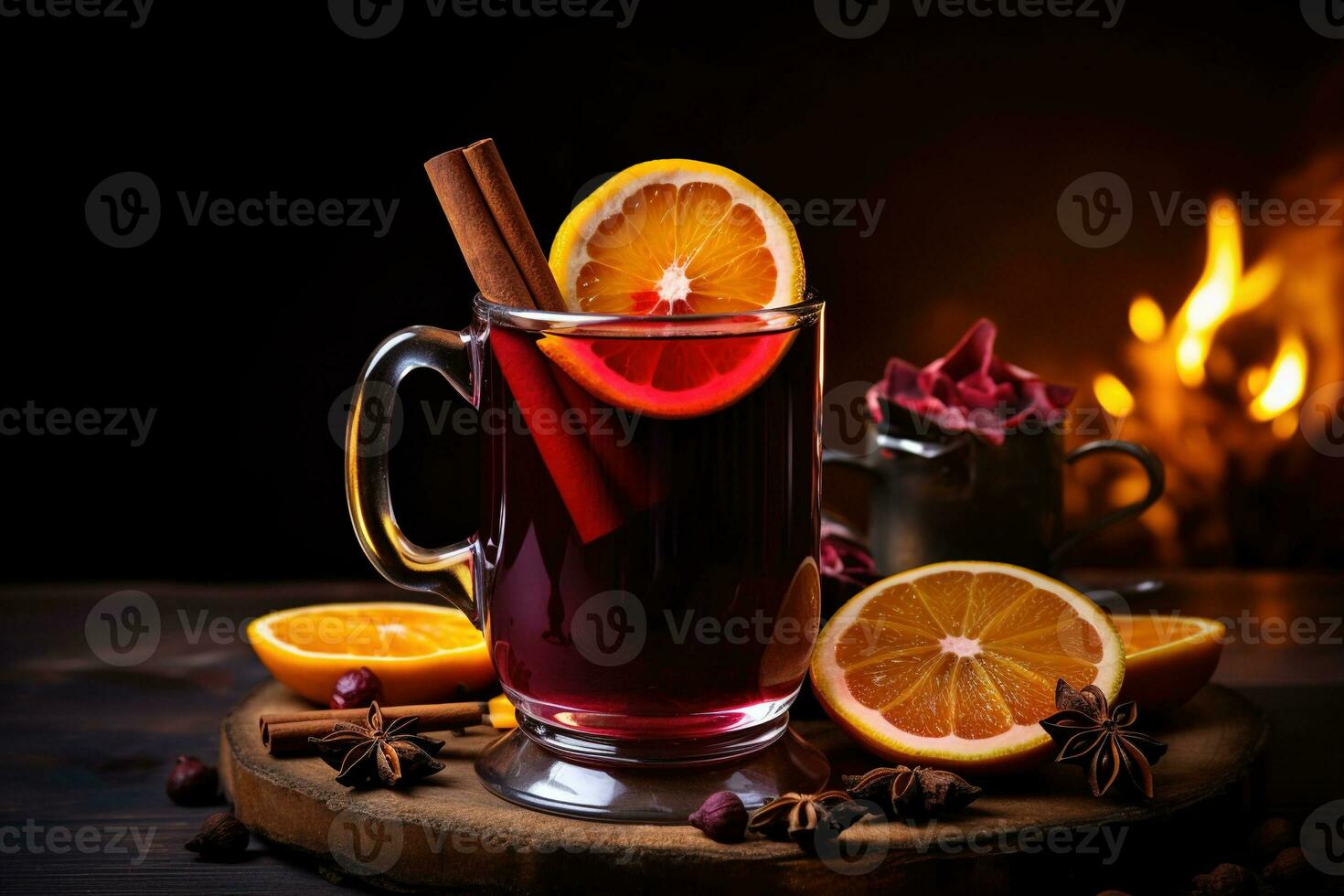 Christmas mulled red wine with spices and fruits. Traditional hot drink at Christmas time. Festive mood Generative AI photo