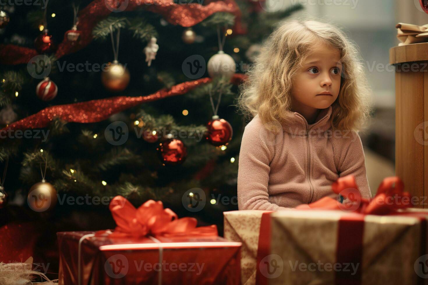 Serious sad little girl is sitting in front of a Christmas tree Generative AI photo