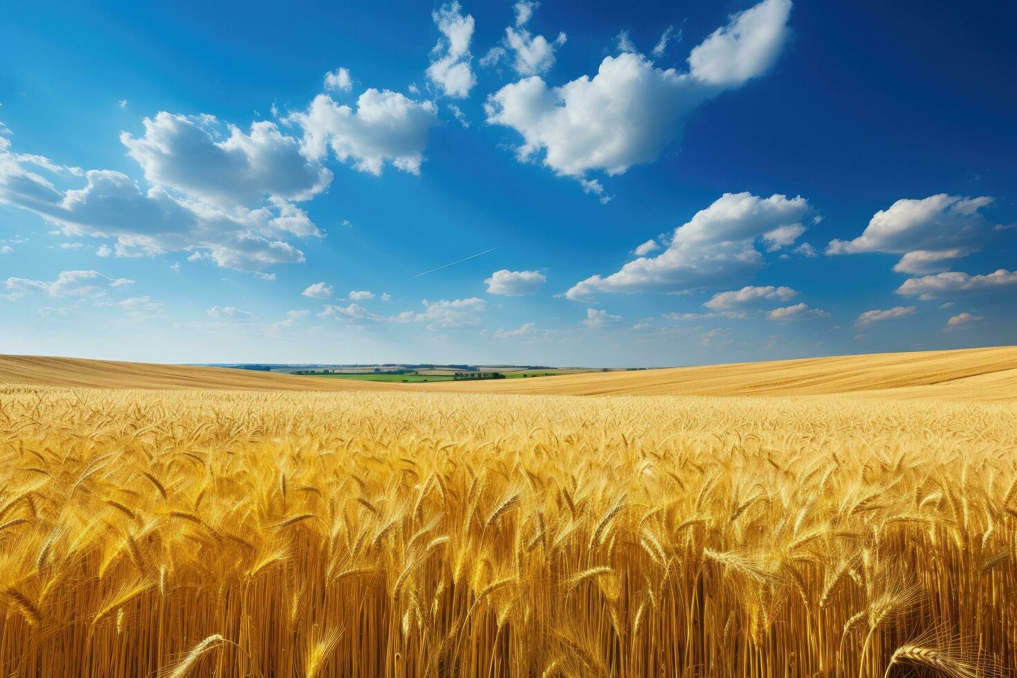 Golden wheat field and blue sky with clouds. Beautiful summer landscape, Golden wheat field landscape view on a sunny day, AI Generated photo