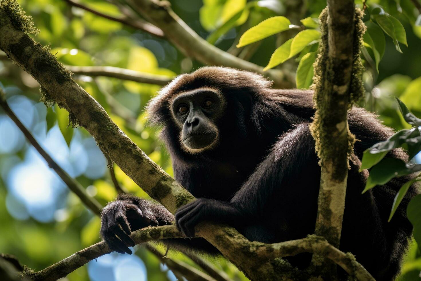 Portrait of a gibbon sitting on a tree in Costa Rica, Gibbon hanging from a tree in the jungle of Costa Rica, AI Generated photo