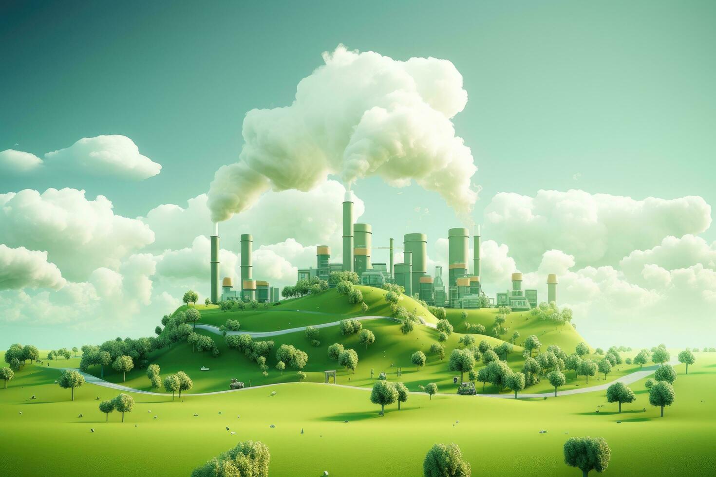 Industrial landscape with chimneys in the sky. 3d render, Green Industry Eco Power Factory Good environment ozone air low carbon footprint, AI Generated photo