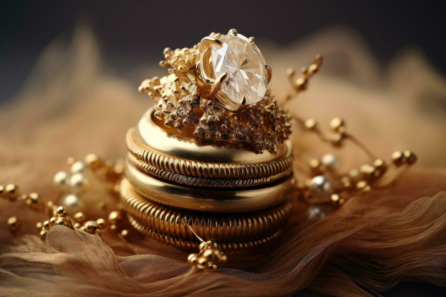 Jewelry ring in gold and pearls on a gold background, gold wedding rings on the pincushion, AI Generated photo