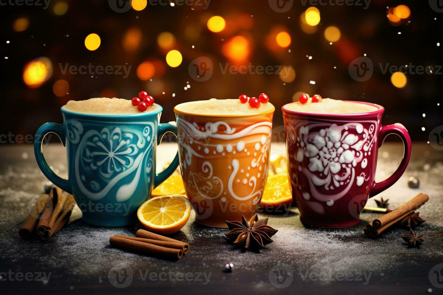 Hot drink with marshmallows and candy cane in colorful mugs. Fir cones, spices in the background. Christmas hot drinks collection. Merry Christmas. Generative AI photo