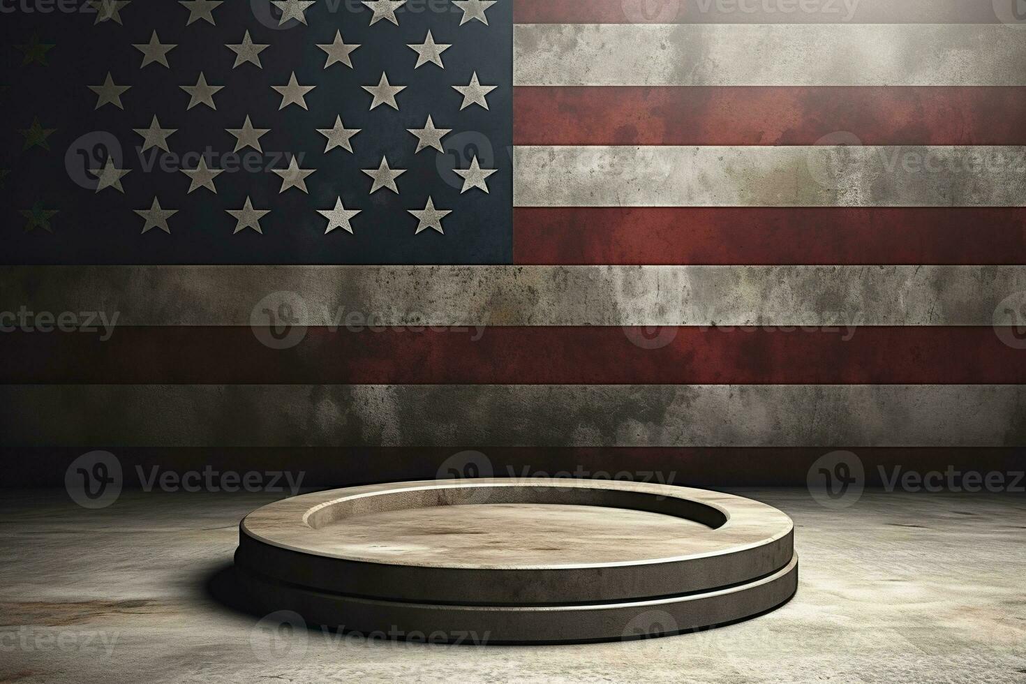 A round concrete podium against a wall with a US flag. Generated by artificial intelligence photo