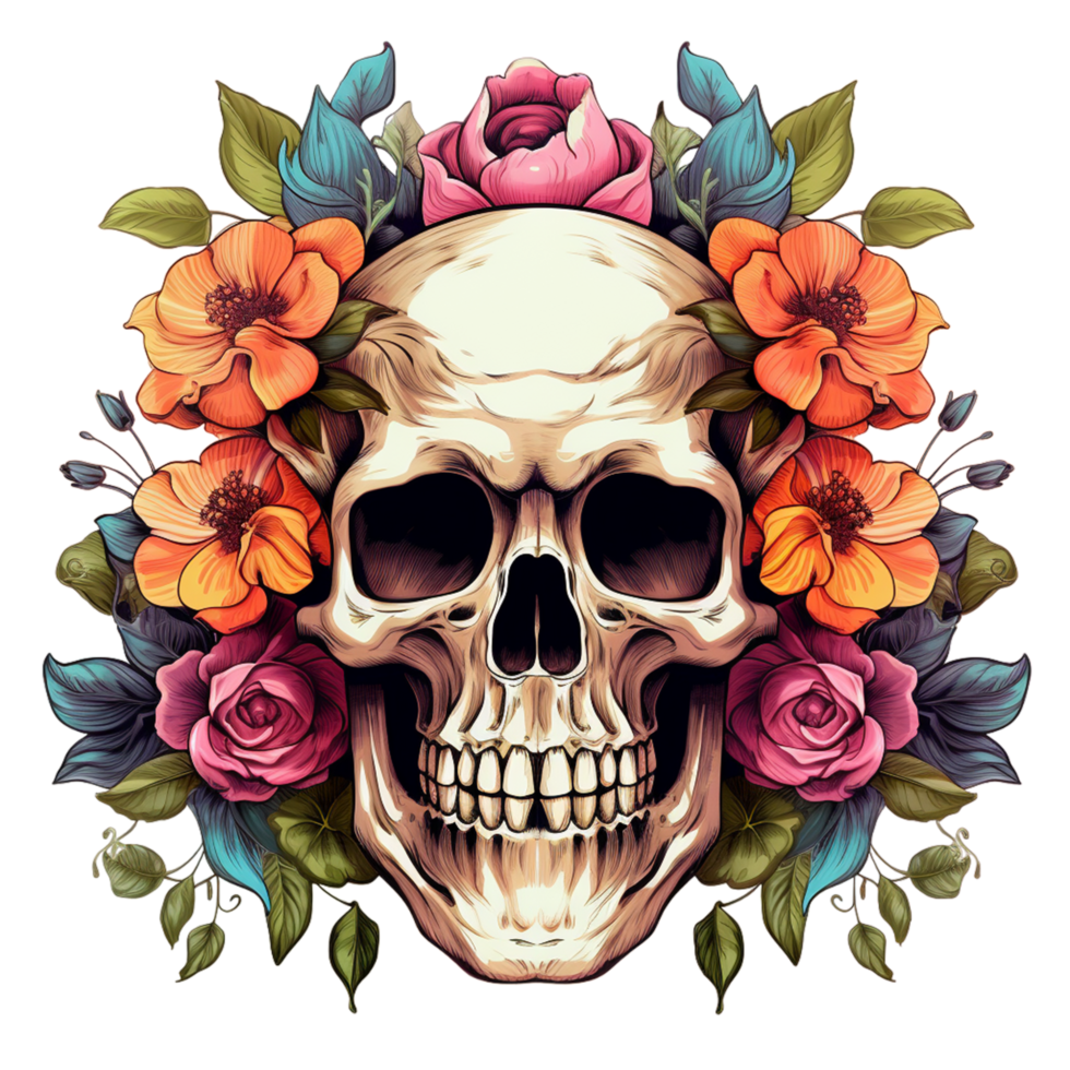 Skull with flowers isolated png ai generative