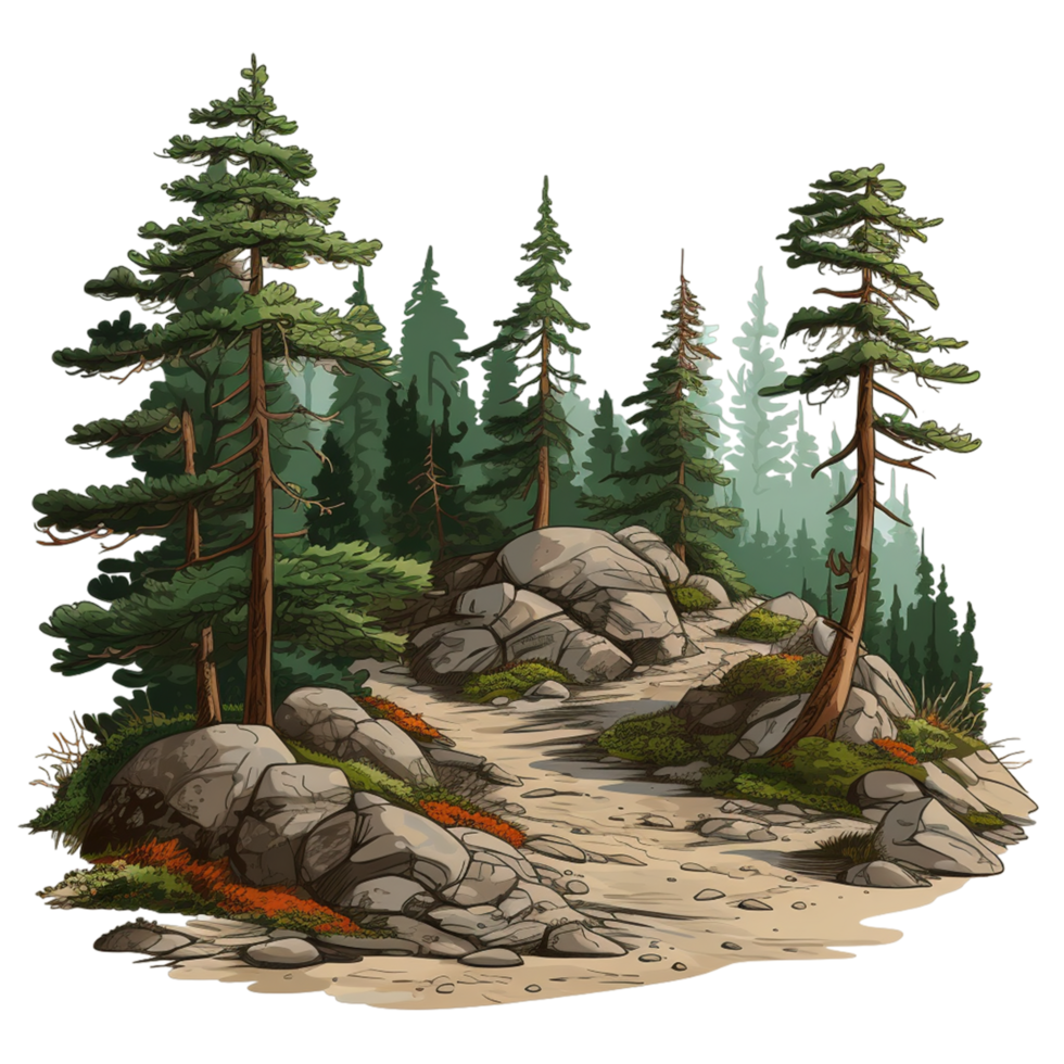 Forest landscape. Path between rocks and fir trees ai generative png