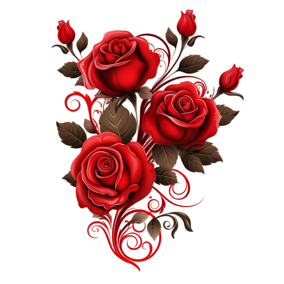 rojo rosas con remolinos encantador flores aislado transparente ai generativo png