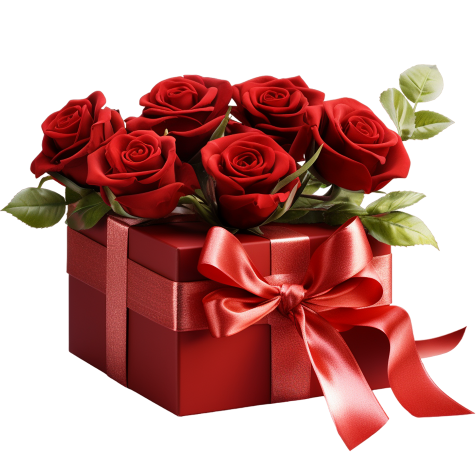 Red rose branch in the red love gift box png ai generative