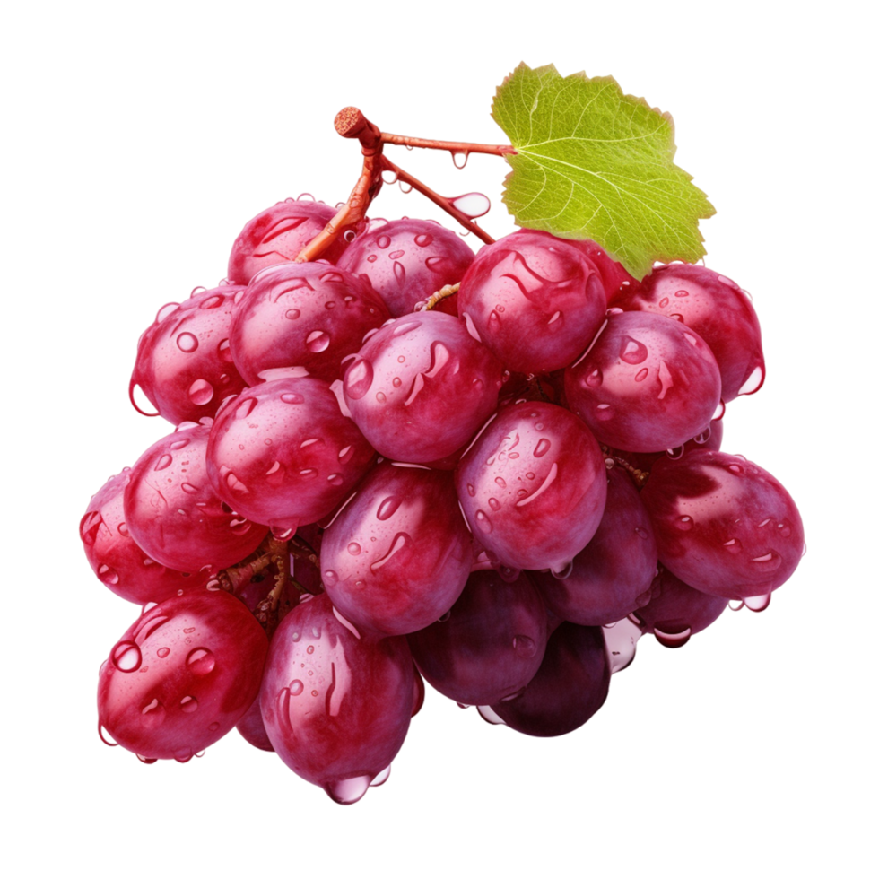 Red wet grapes bunch with leaves isolated on transparent background ai generative png