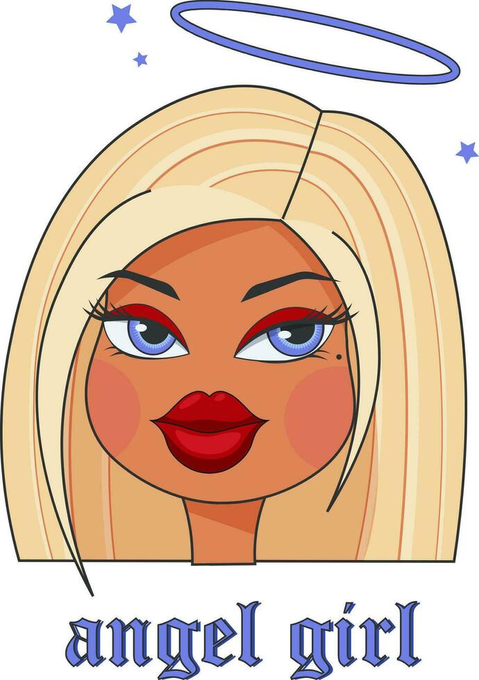 Glamorous girl with big lips and eyes in the style of y2k dolls, 2000s. Retro inscription Angel girl. Vector illustration on transparent background
