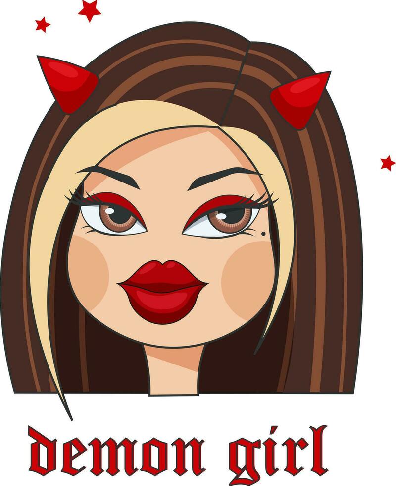 Glamorous girl with big lips and eyes in the style of y2k dolls, 2000s. Retro inscription Demon girl. Vector illustration on a transparent background