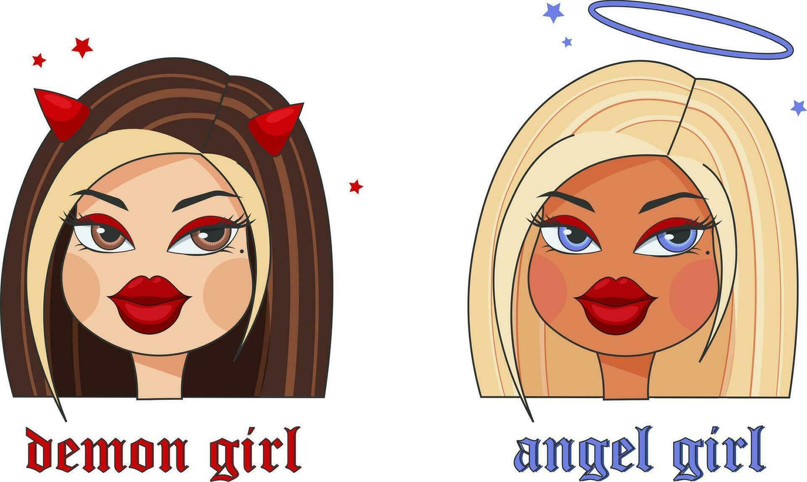 Glamorous girls with big lips and eyes with retro inscriptions in the style of y2k dolls, 2000s. Angel girl and Demon girl. Vector illustration on transparent background