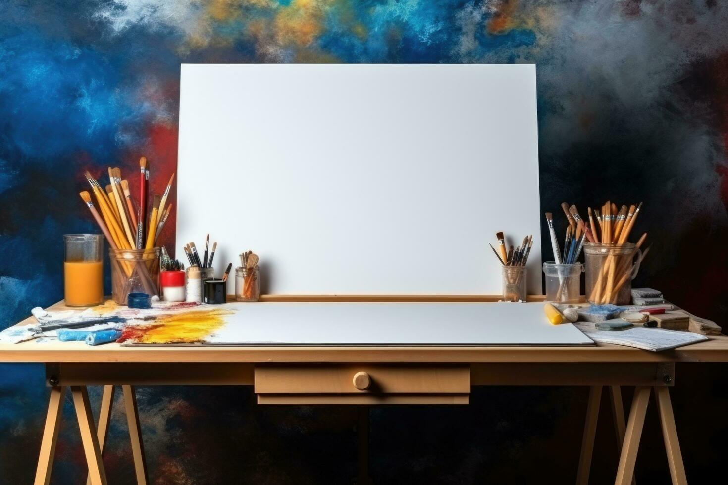 Artist's workplace. Painting supplies, blank white canvas. Generated by artificial intelligence photo