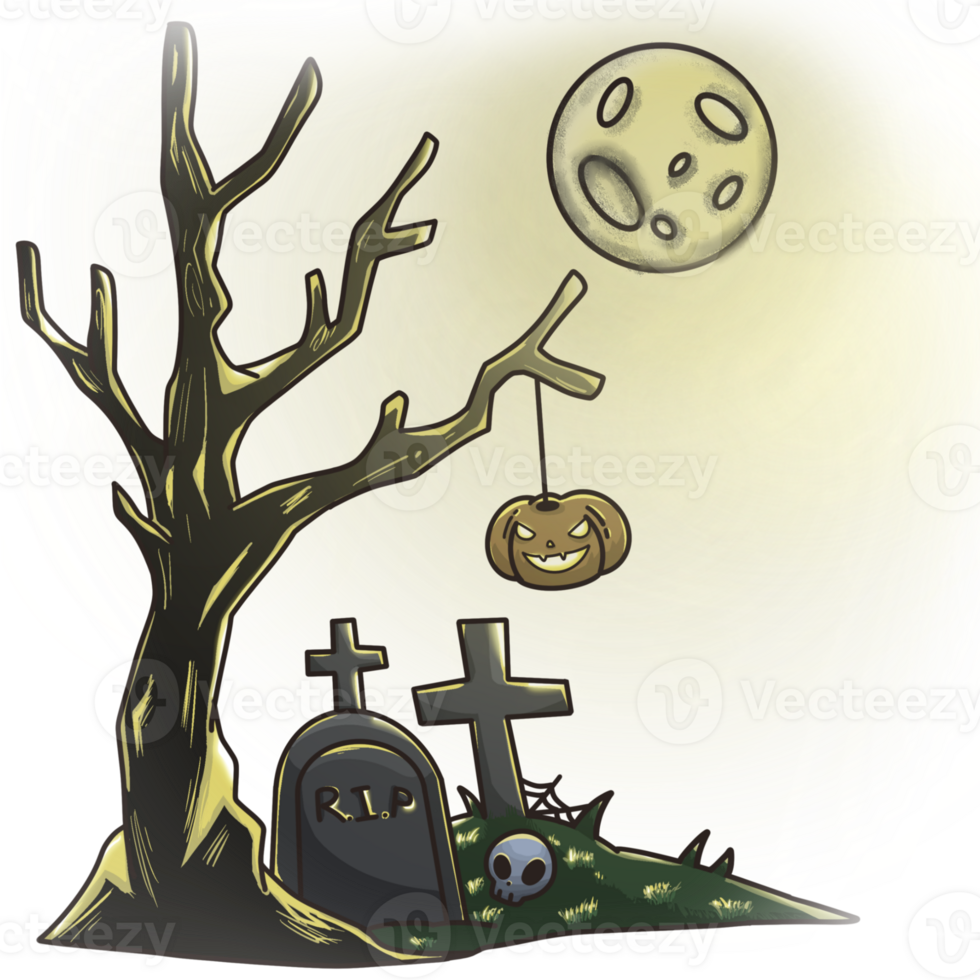 Halloween tree with cemetery and moon png