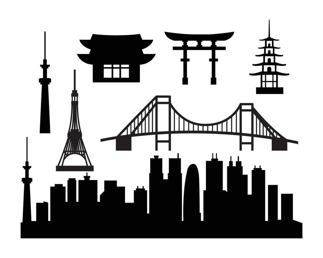 japonés arquitectura silueta elementos, incluso rascacielos, puentes, torres, y icónico templo mascotas vector