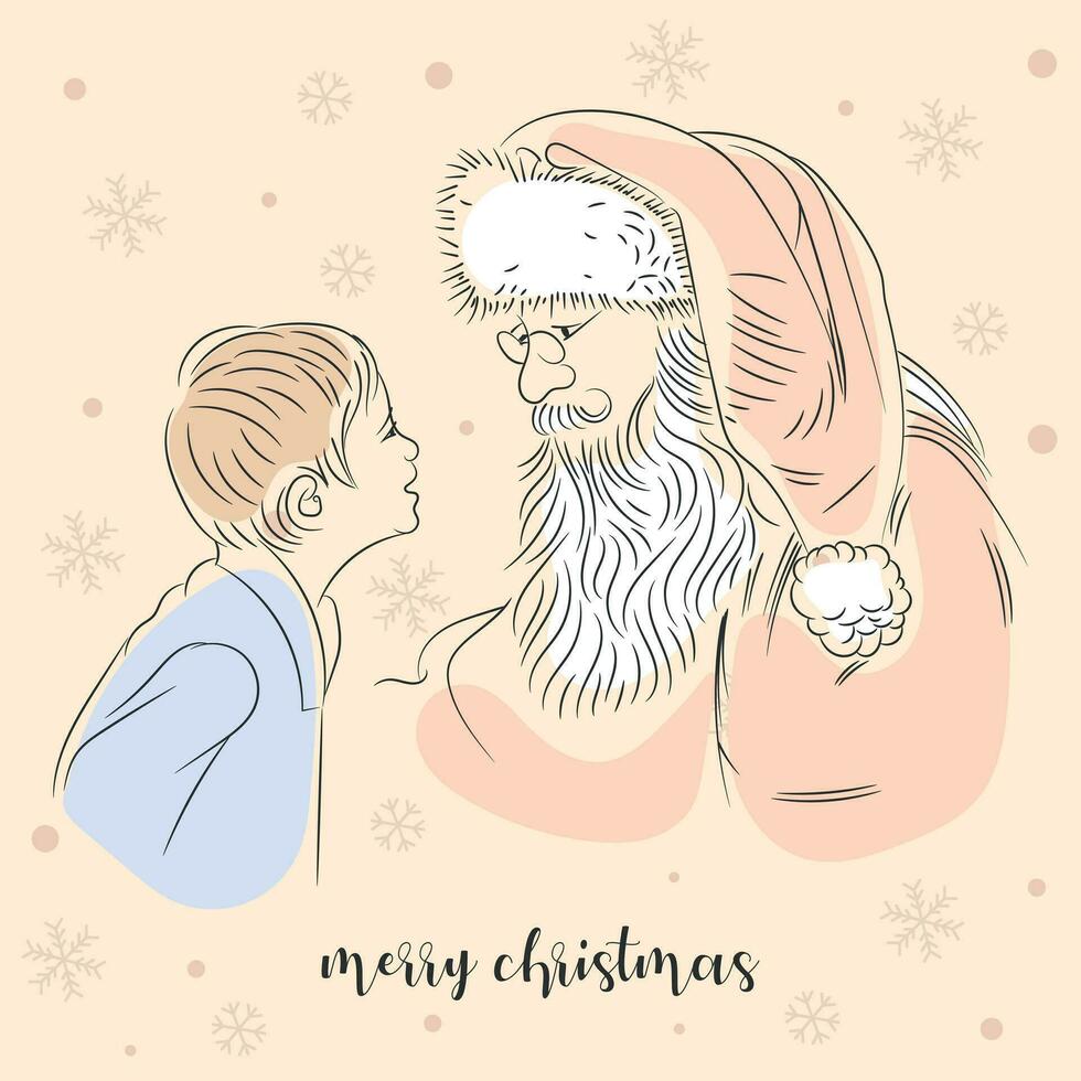 Papa Noel claus en frente de un contento niño a Navidad, Clásico ilustración con pastel colores vector