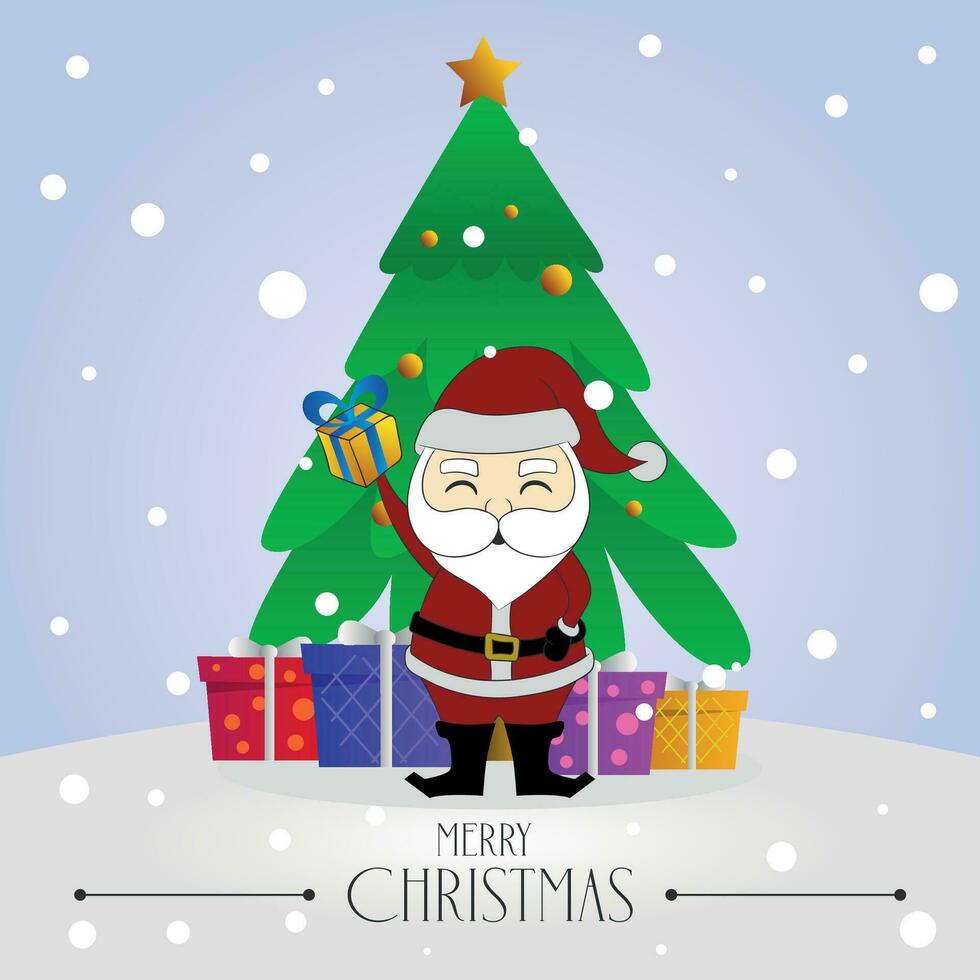 Happy Santa Claus delivering gifts to the Christmas tree, vector illustration