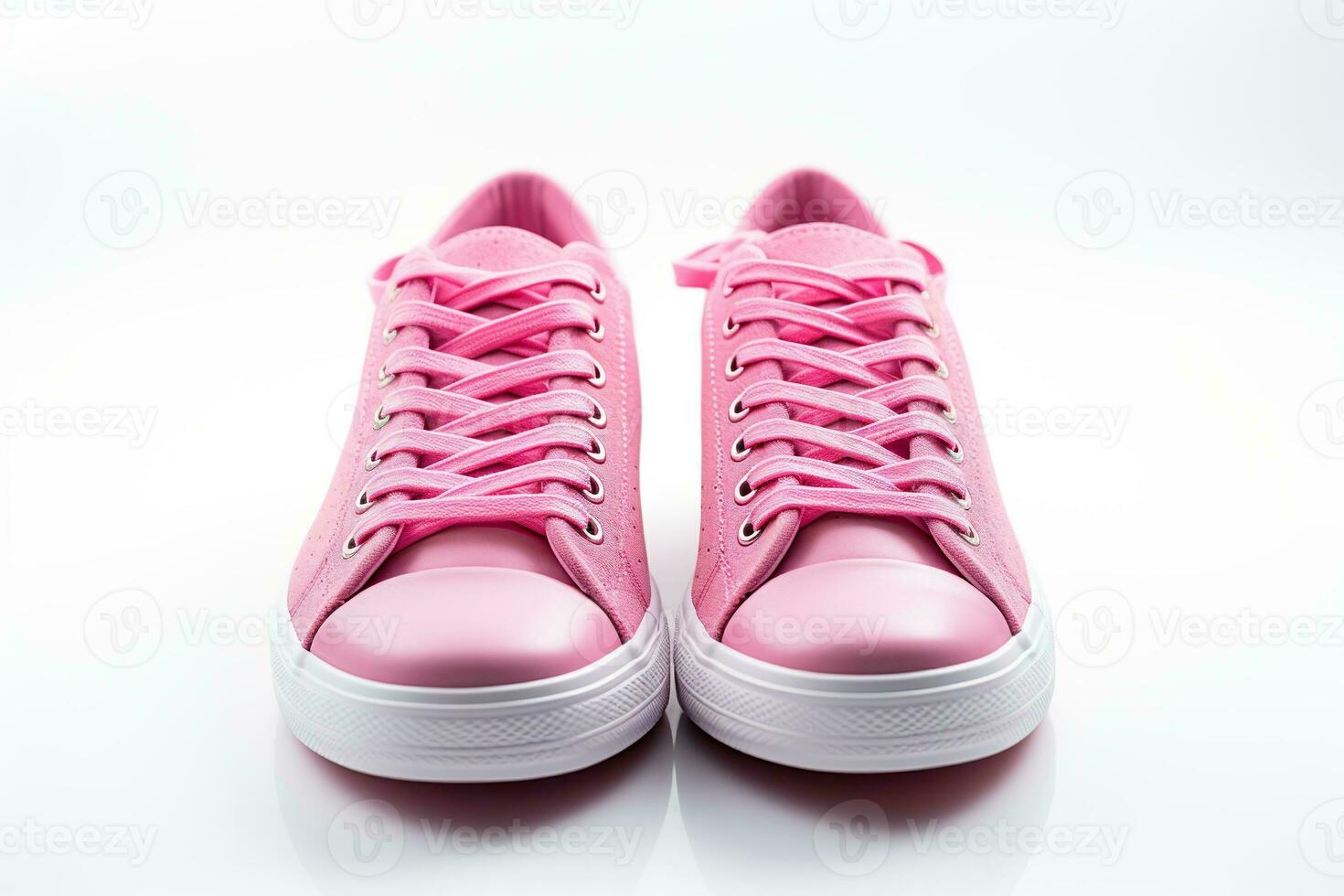 New pair of pink woman sneakers on white background. Lifestyle, sneaker sport shoe. Front view. Generated by artificial intelligence photo