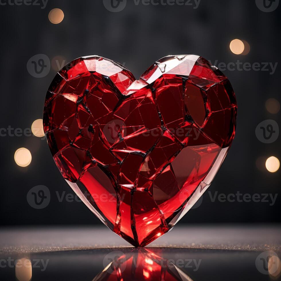 AI Generated Red broken heart made of glass on a dark background. AI generated photo
