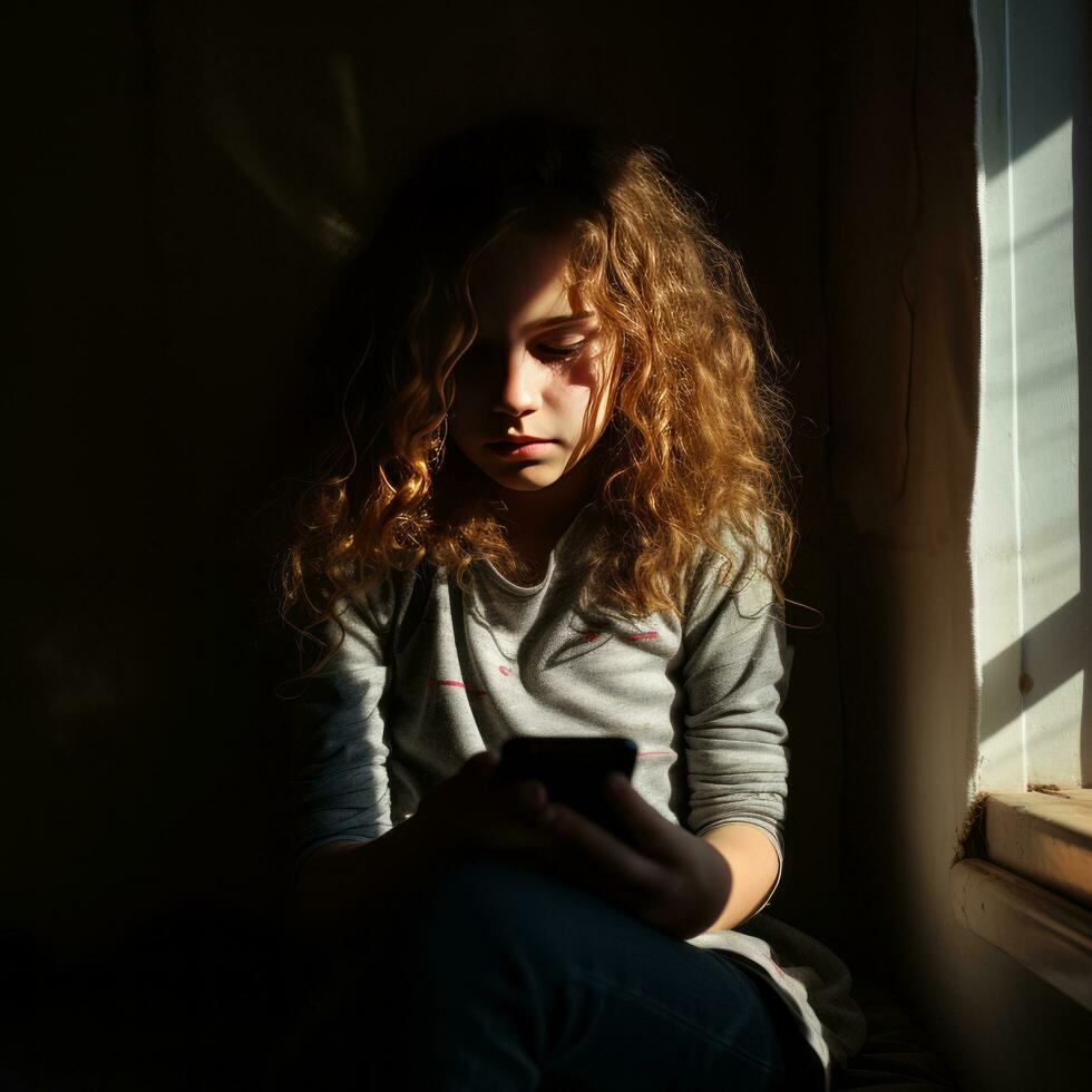 AI Generated Sad teenage girl sitting by the window, staring at her phone. Her face is illuminated by the light coming through the window. AI generated photo