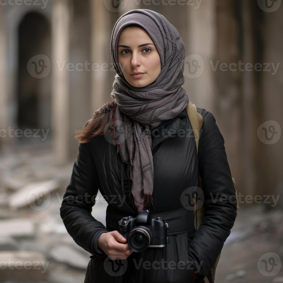 AI Generated A talented Syrian photographer, a woman in her 30s, capturing the essence of life through her lens AI generated photo