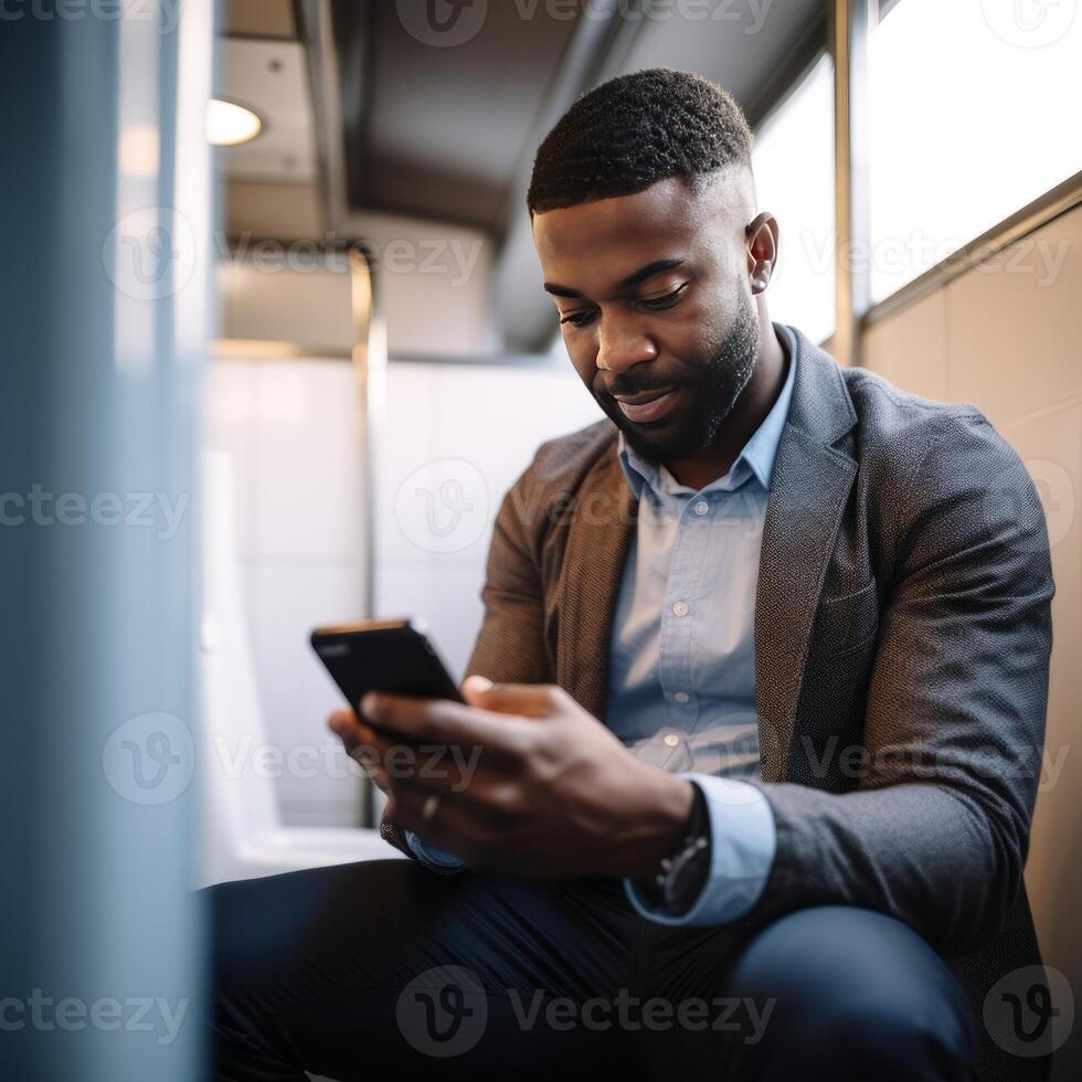 AI Generated Man sitting on toilet, engrossed in phone AI generated photo