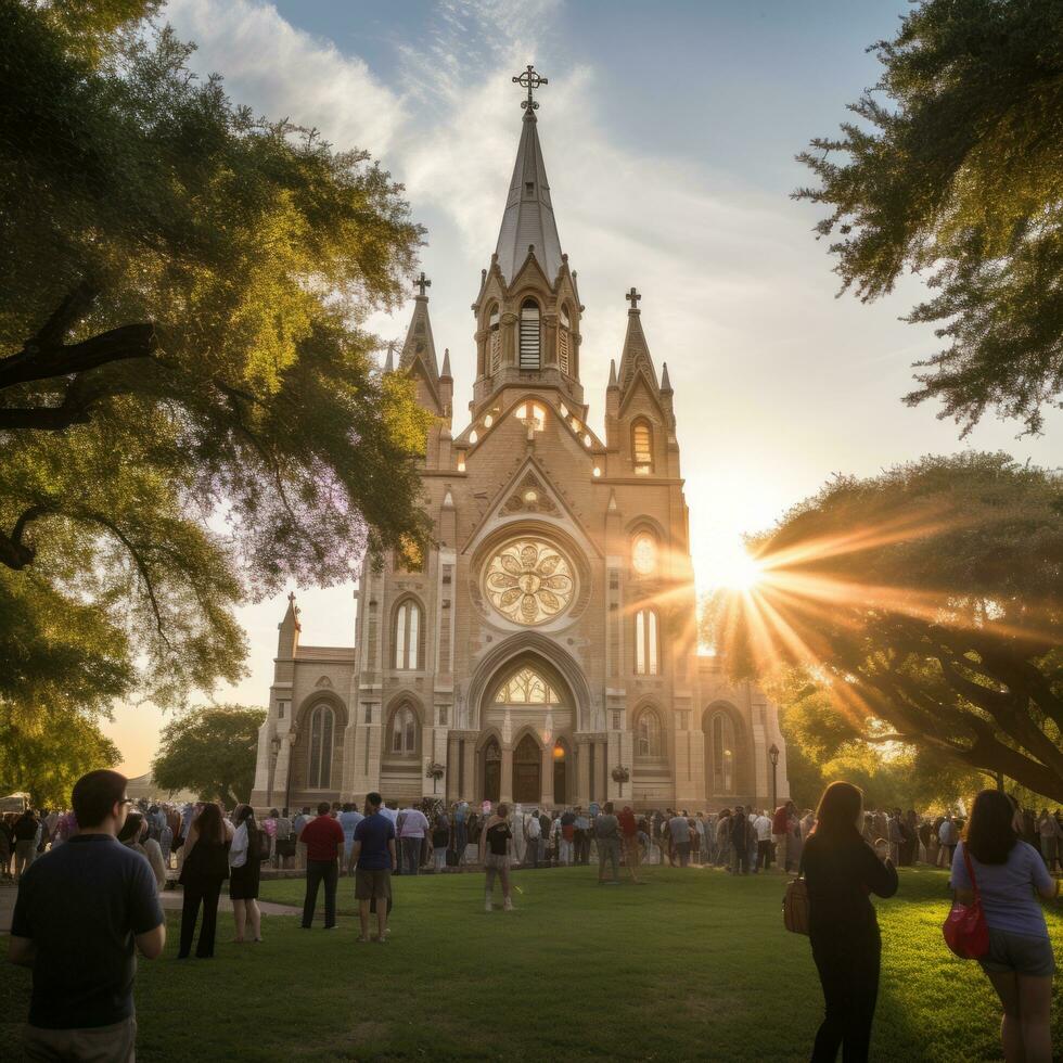 AI Generated A vibrant image capturing the essence of a Sunday mass in Texas, showcasing a diverse congregation immersed in prayer and worship AI generated photo