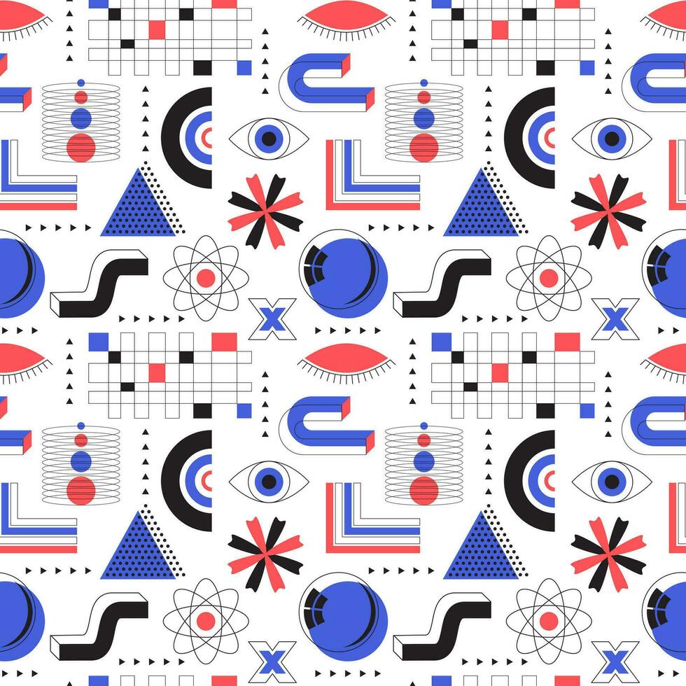 Seamless pattern with abstract geometric elements and bold shapes. Brutalism, retro futurism style inspired. Circles, wave, grid, arrow. Backdrop for web, posters, covers. Vector background on white
