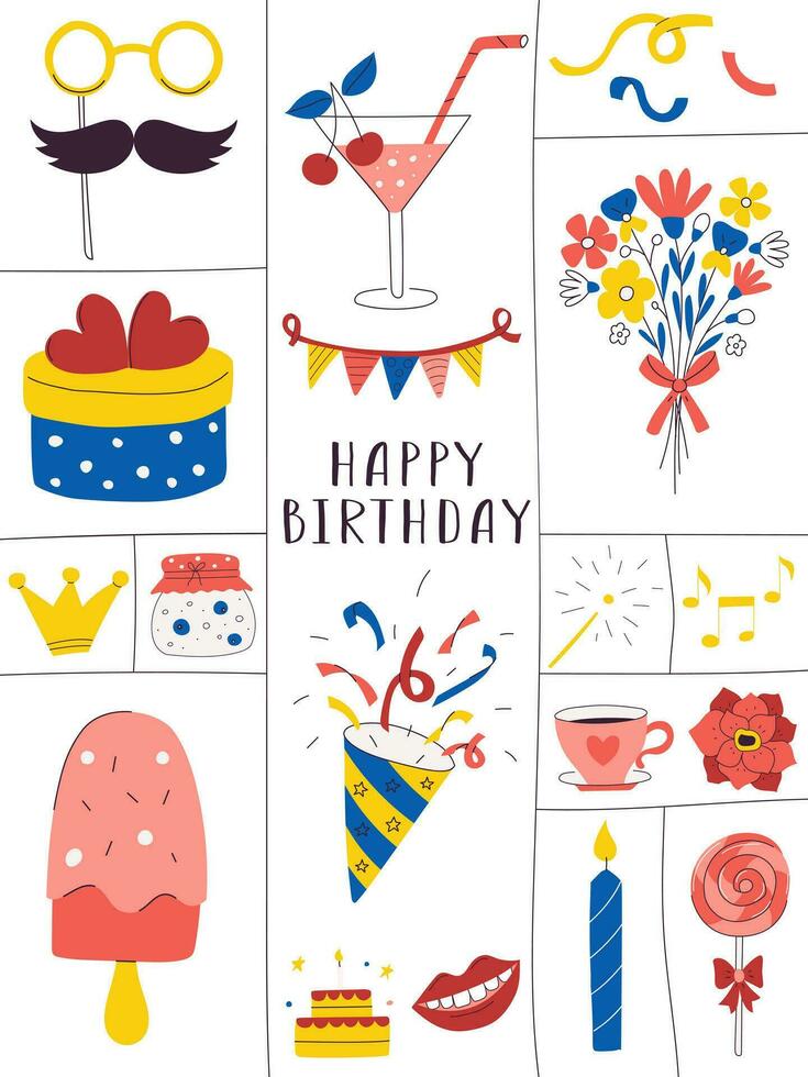 Graphic greeting card for birthday, festive event, anniversary party. An original postcard with bright decorative elements, symbols of holiday, celebration. Trendy flat vector illustration on white