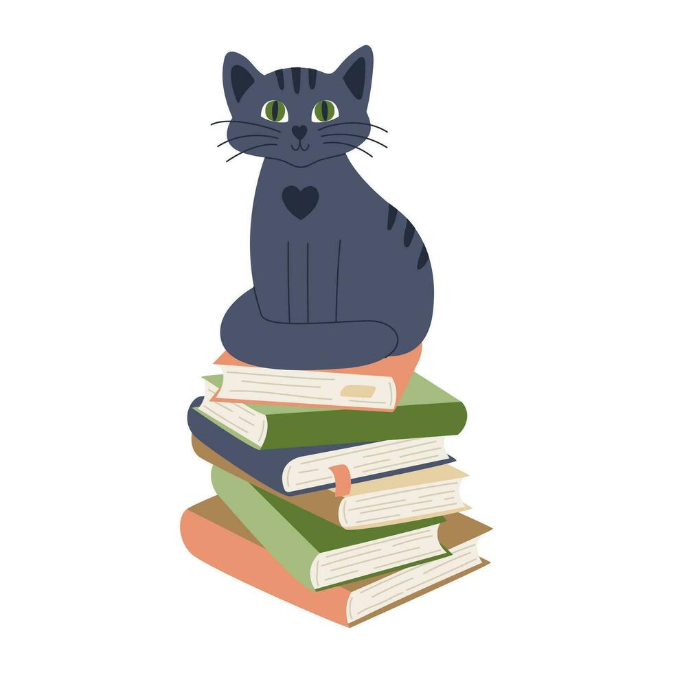 A cute cat sitting on heap of books. Stack of paper hardcover books with bookmarks. Home library. Flat cartoon vector illustration isolated on a white background.